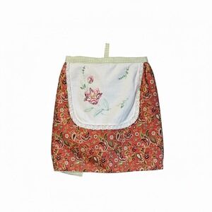 Vintage Handmade Half Apron Paisley Floral Embroidered Lace Trim Gingham